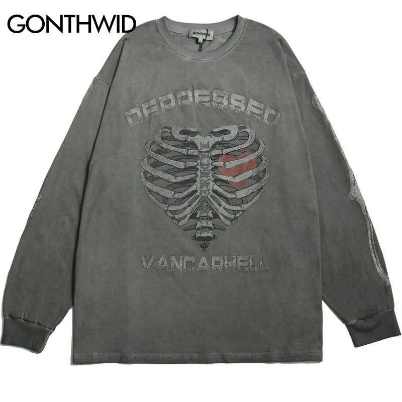 

Hip Hop Gothic Oversized T Shirts Streetwear Vintage Skull Graphic Print Punk Long Sleeve Tee 2022 Harajuku Loose Cotton Tshirts