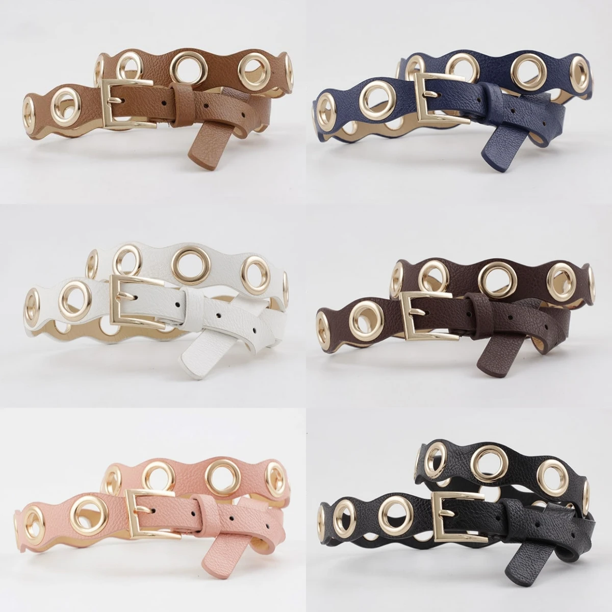 

Ремень из искусственной кожи Женский, ажурный пояс с круглой пряжкой с отверстиями, модный пояс для джинсов