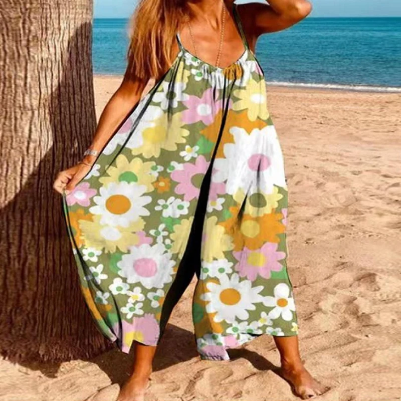 

Summer Casual Print Loose One-Piece Rompers Elegant V Neck Sleeveless Wide-Leg Pants New Fashion Harajuku Straps Beach Jumpsuits