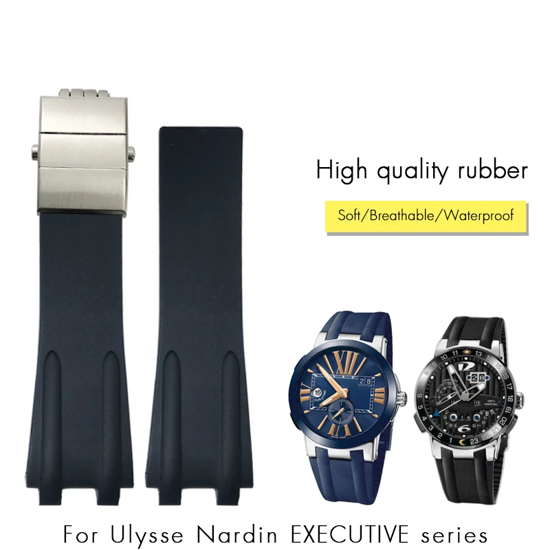 

26mm Silicone Rubber Steel Folding Buckle Watch Band Fit for Ulysse Nardin Blue Black Brown Sport Waterproof Strap accessories