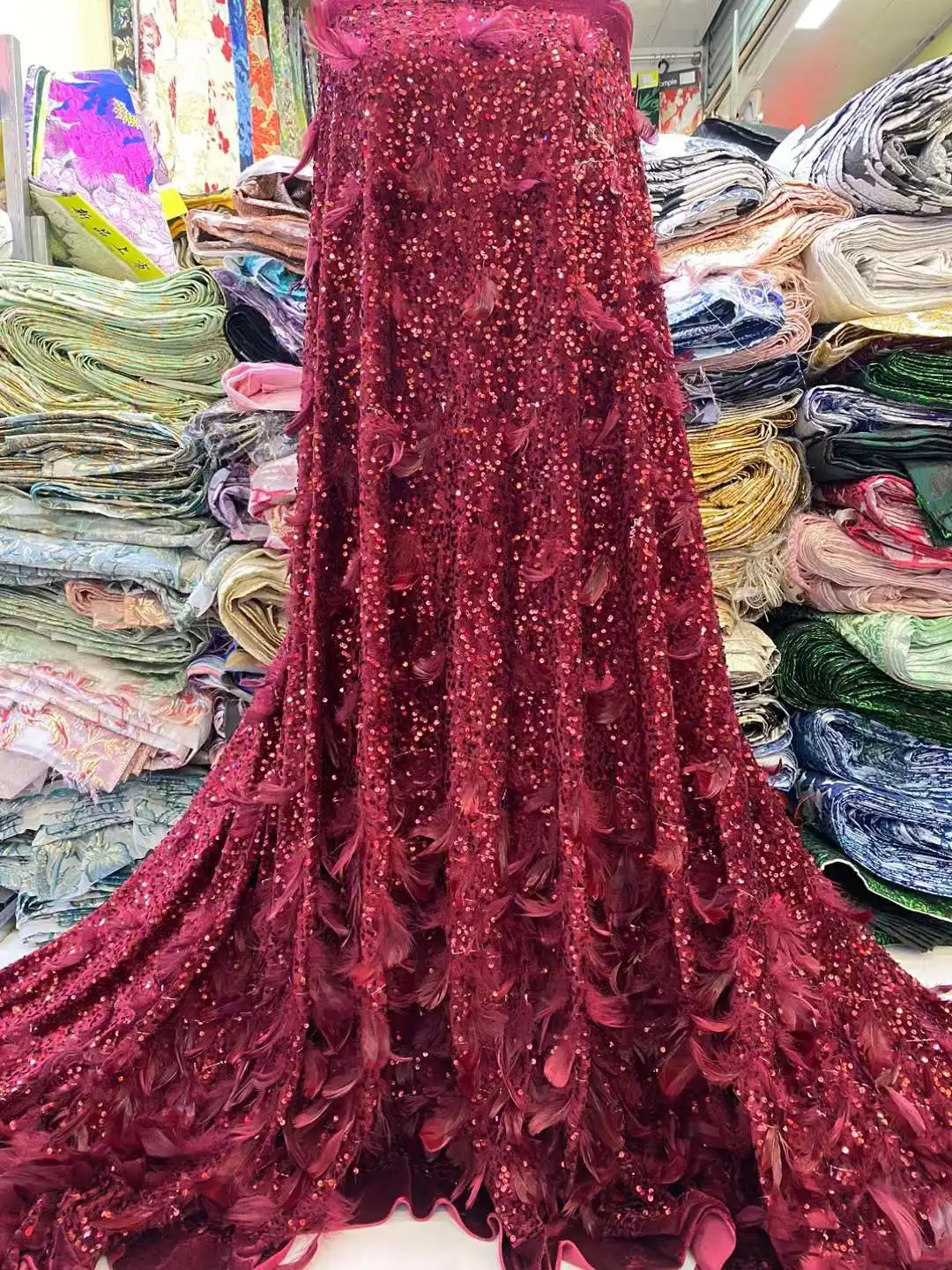 

African Velvet Lace Fabric 2023 High Quality Sequins Lace Material 3D Feather Embroidery Nigerian Fabrics For Wedding