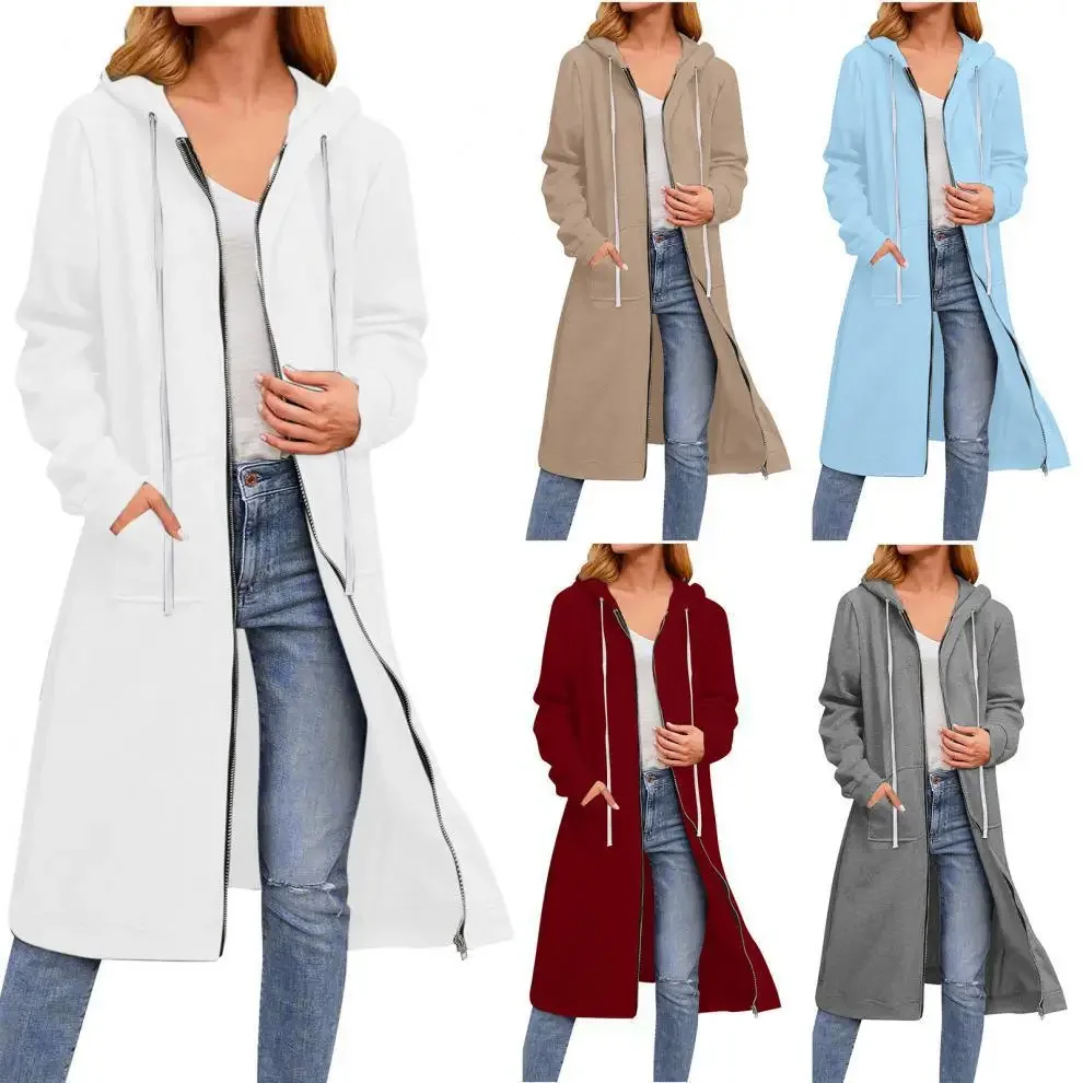 

Long Cardigan Sweatshirts Women Autum Long Sleeve Hoodie With Zipper Drawstring Pocket Tracksuit Windproof Streetwear Sudaderas