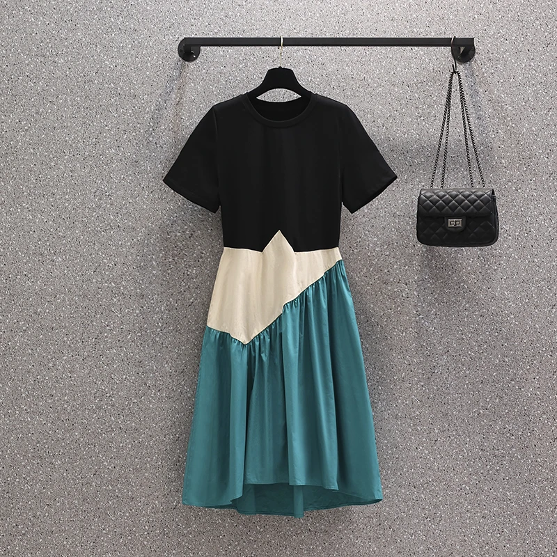 

Платье женское хлопковое до колен, винтажная модель в стиле пэчворк, с круглым вырезом, с коротким рукавом, большие размеры, на лето