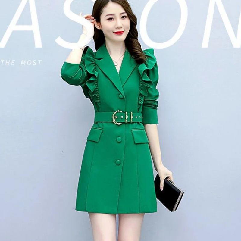 

Ruffle Luxury Brands Mid-length Trench Coat Women Long Sleeve Jacket Mini Blazer Dress Slim Korean Fashion Coat Casual Outerwear
