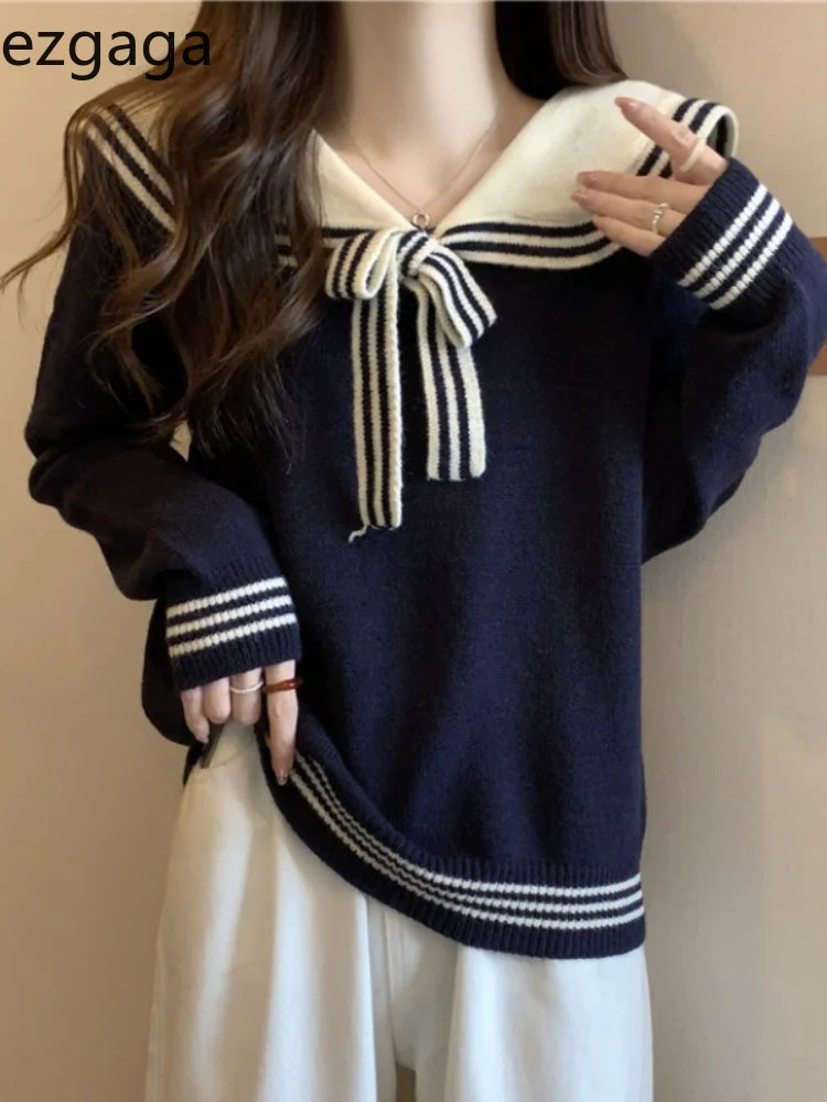 

Vintage Knitted Sweater Women Sailor Collar Pullover Preppy Style Lace Up Loose Autumn Winter Female Jumper Casual
