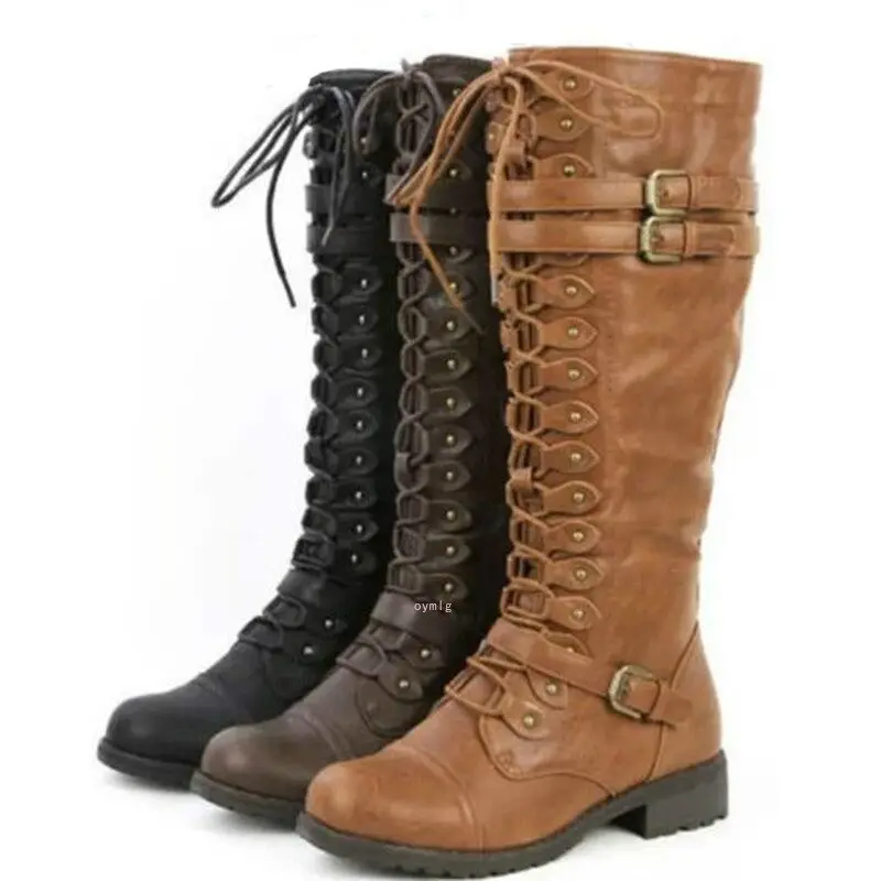 

Sexy Lace Up Knee High Boots Women Fashion Boots Flats Shoes Woman Square Heel Rubber Flock Boots Botas Winter Buckle Size 43