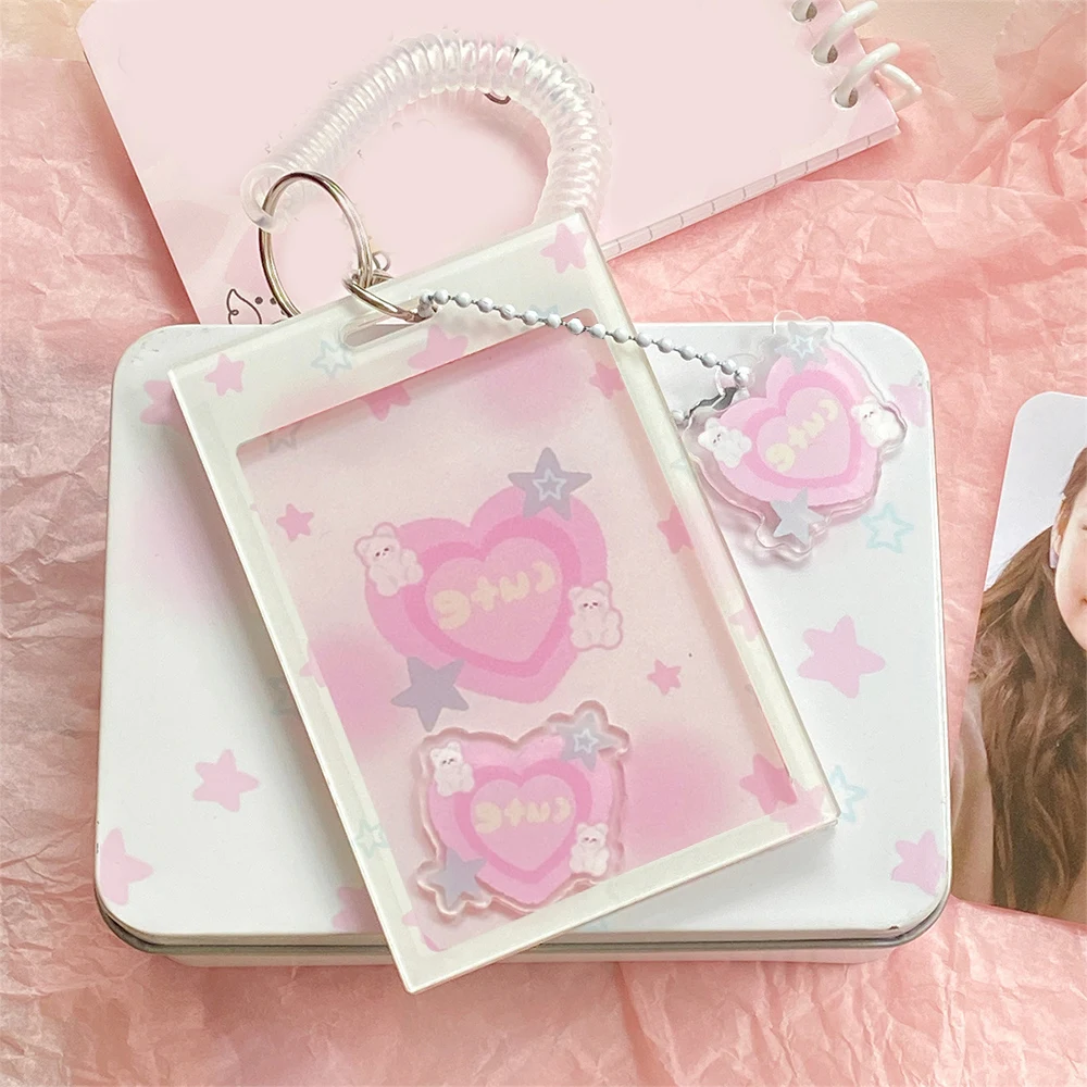 

Sweet Star Kpop Card Protective Cover Stationery Acrylic Ferrule Bear Card Case Pink Photocard Holder With Elastic Rope