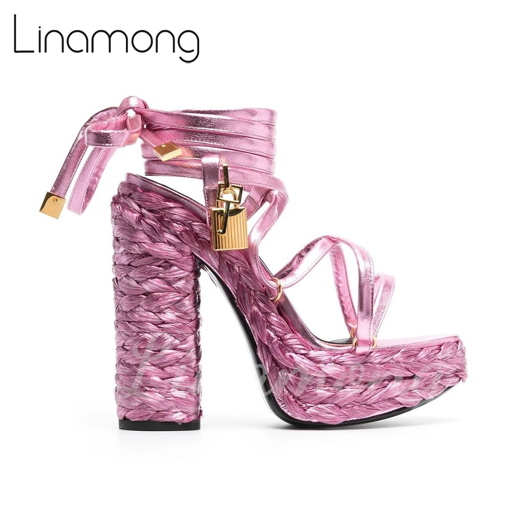 

Metallic-Effect Leather Platform Sandals Metal Lock Ankle Strap Espadrilles for Women Luxury Design Round Toe Strap Summer Shoes