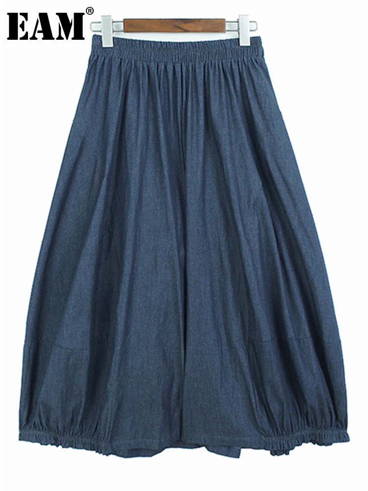 

[EAM] синие джинсовые плиссированные широкие брюки с высокой эластичной талией, новые свободные брюки для женщин, модные весенне-осенние 2023 1DH0217