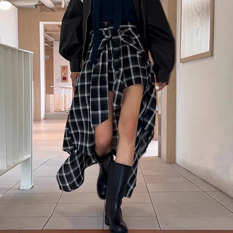 Модные винтажные черные клетчатые юбки Y2k E-Girl с высокой талией кружевная юбка Uo
