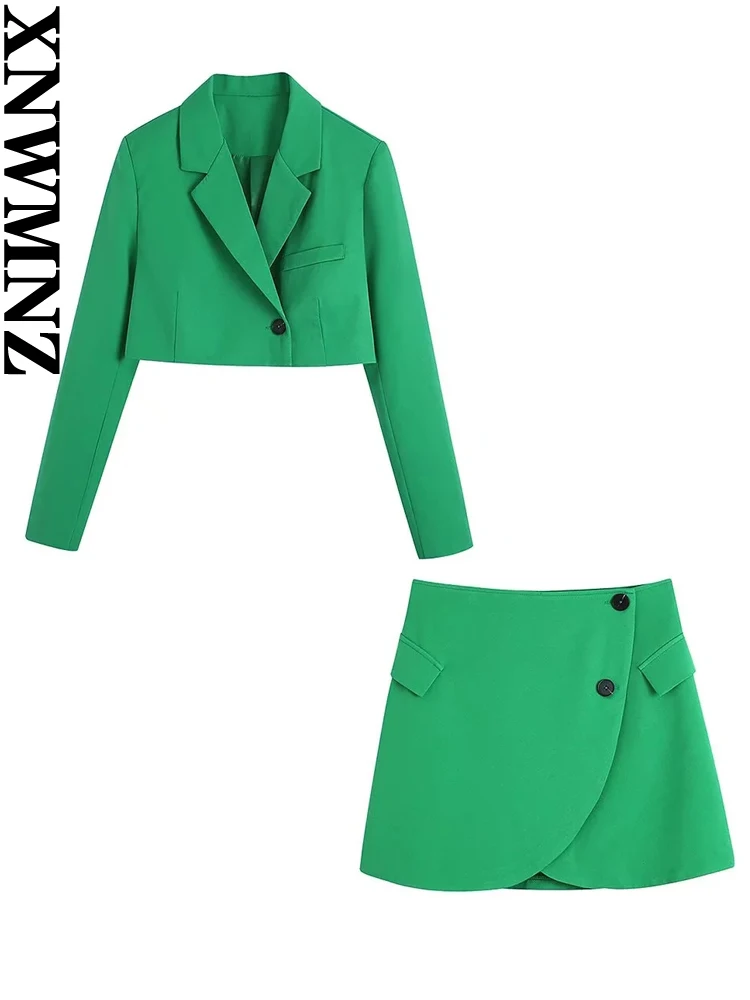

XNWMNZ 2022 Women Fashion Front Button Cropped Blazer Coat Or High Waist Office Wear Mini Skirt Female Suits Mujer