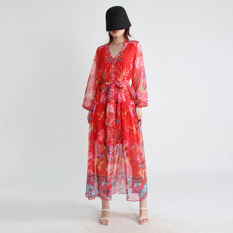 

Женское шифоновое платье с поясом, Элегантное Длинное платье красного цвета с цветочным принтом, рукавами-фонариками и V-образным вырезом, одежда для отдыха