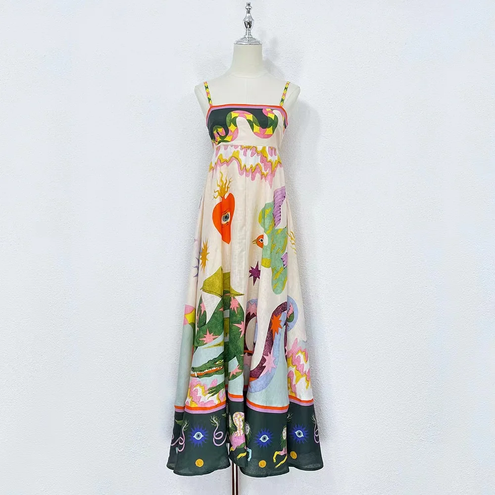 

2023 Women Sleeveless Summer Long Linen Dress Runway Fashion Floral Print Niche Design Dress New In