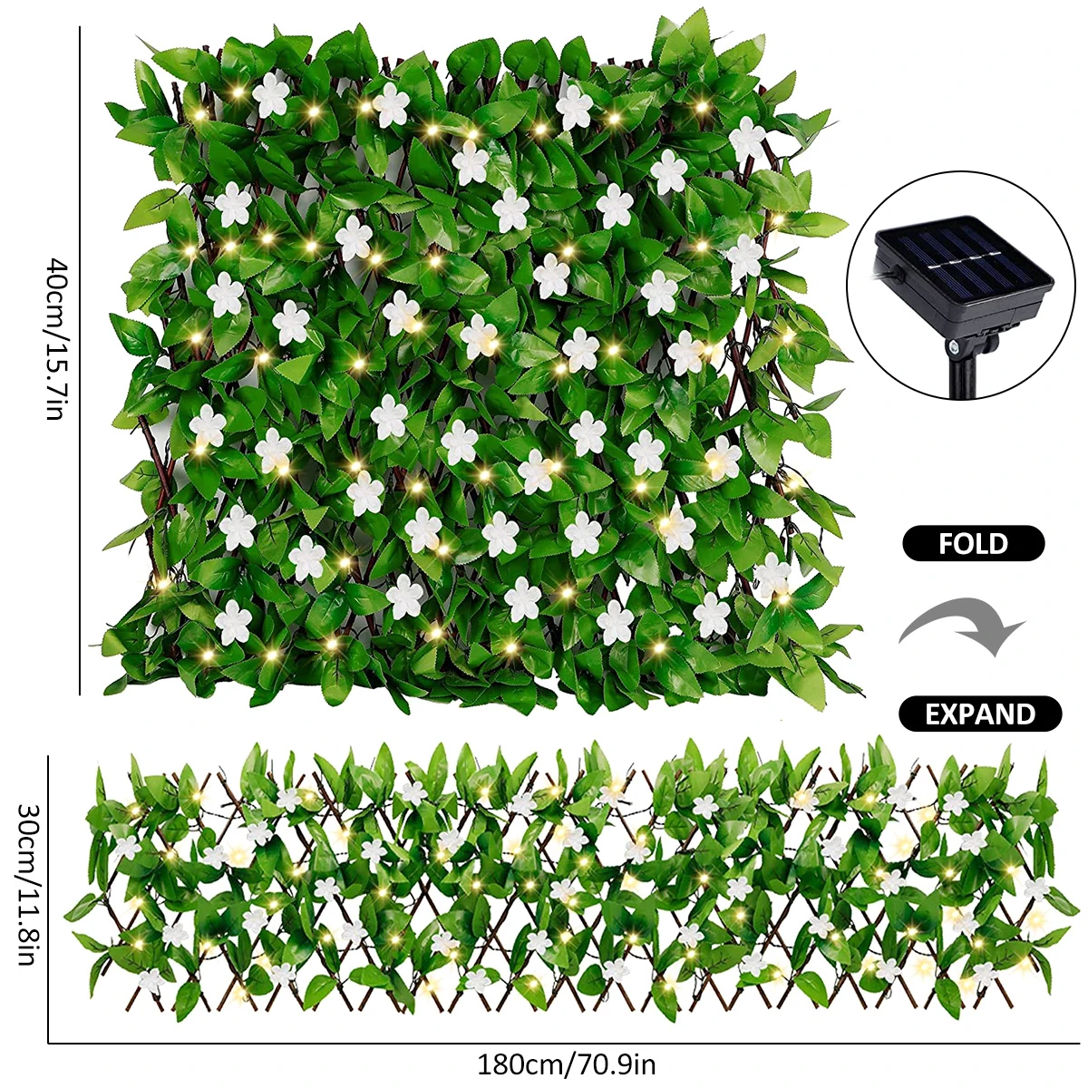 180cm Artificial Leaf Flower Retractable Fence Panels Hedge With Solar String Lights Garden Backyard Fence Greenery Wall Decor