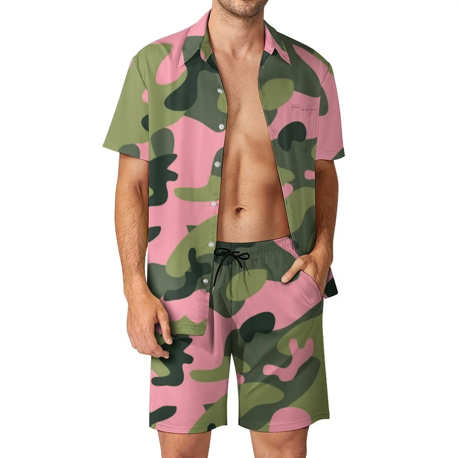 Костюм мужской Камуфляжный с принтом зеленая и розовая Повседневная рубашка