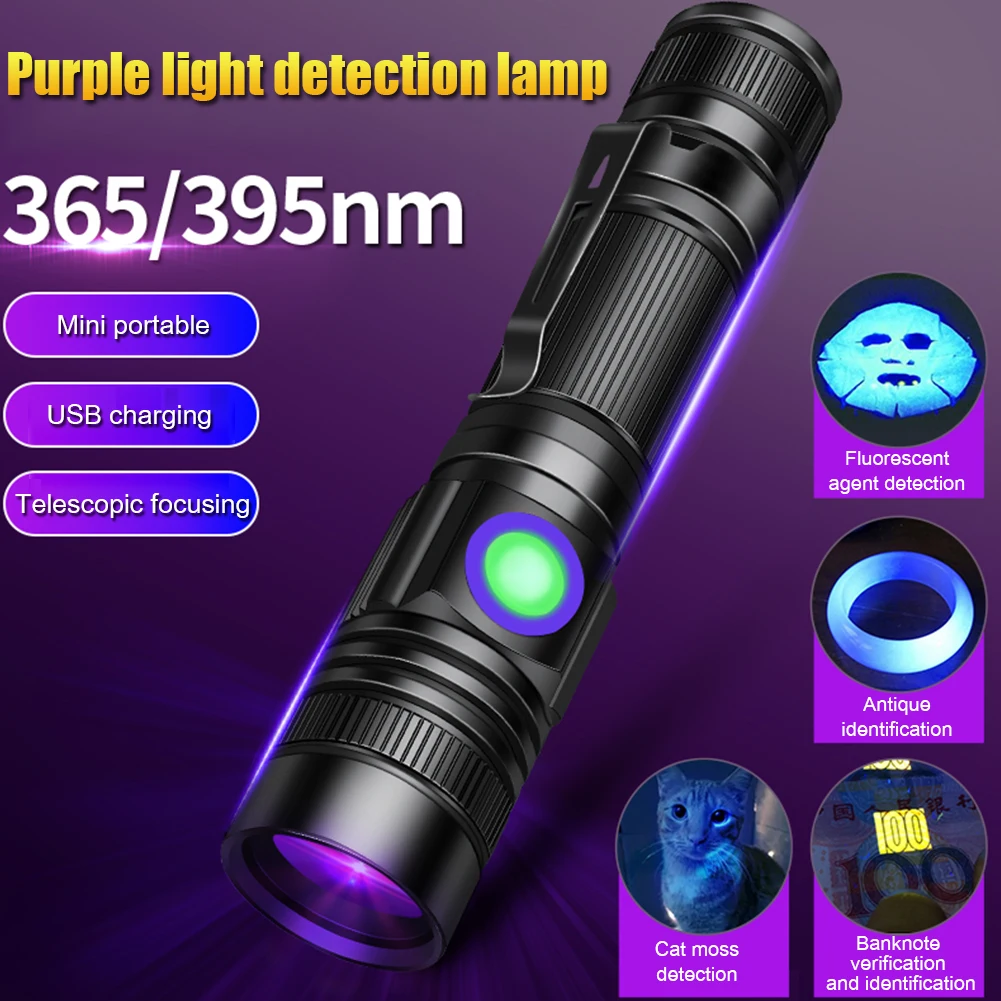 

365nm LED UV Light 3400mAh USB Charging Purple Light Zoomable Ultraviolet Torch Pet Urine Stains Detector Scorpion UV Flashlight