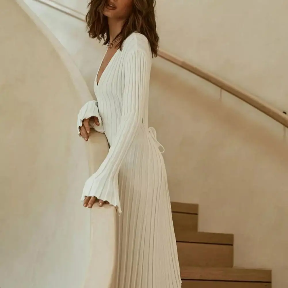 

Female Knit Dress for Women Flared V-neck Maxi Dress Stylish Ribbed Knit for Women's Autumn Winter Party Clubwear Loose Waist