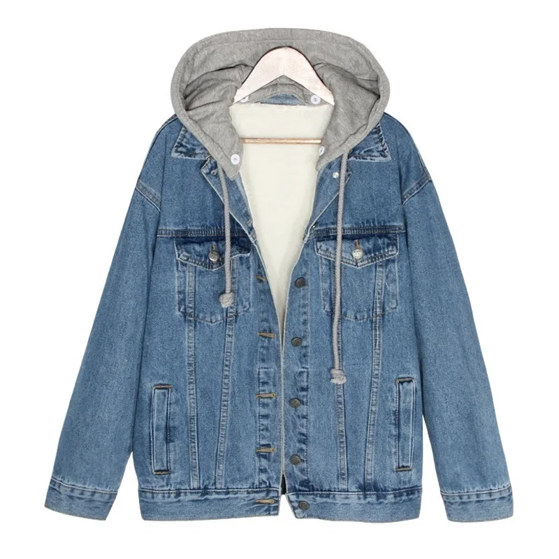 

Winter New Basic Coat Women Lambswool Denim Jacket Ladies Femme Warm Hooded Jeans Jacket Women Vintage Outwear Bomber Jackets