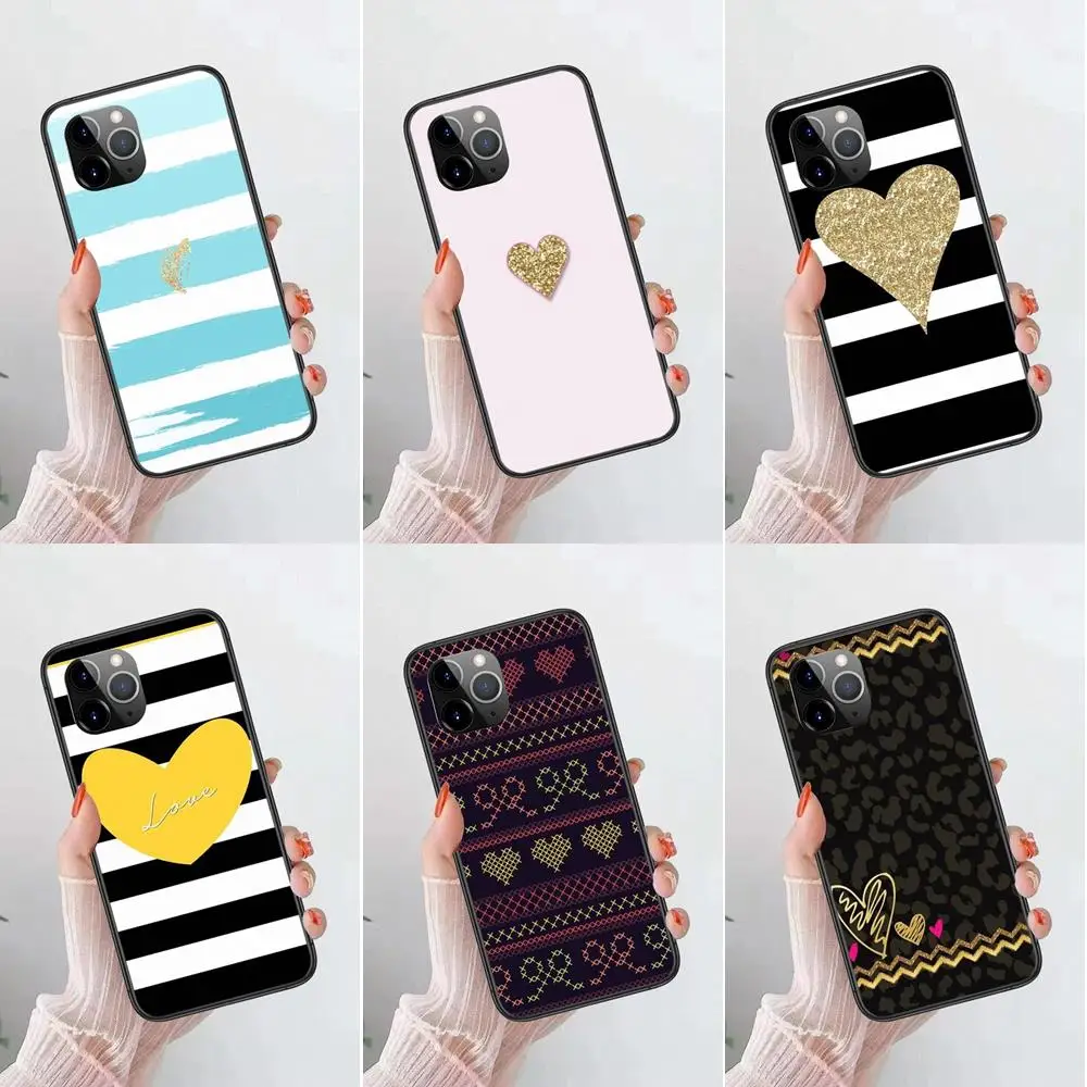 

Striped Golden Glitter Heart Love Kaufen Black Back Tpu Cover 3D For Huawei P50 P40 P30 P20 P10 Lite E Plus Pro P Smart Z 2019