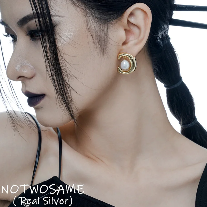 

NOTWOSAME Boat Moon Studs Earrings for Women Nature Pearls Elegant Dress Earrings 925 Silver Mirror Silver Shining Dress Brincos