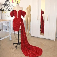sexy red mermaid short prom dresses ruffles off the shoulder party dress mini cocktail gowns nigeria robe de soir%c3%a9e femme