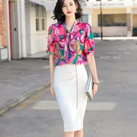 european and american summer flowers womens business office korean large shirt and short skirt professional two piece suit