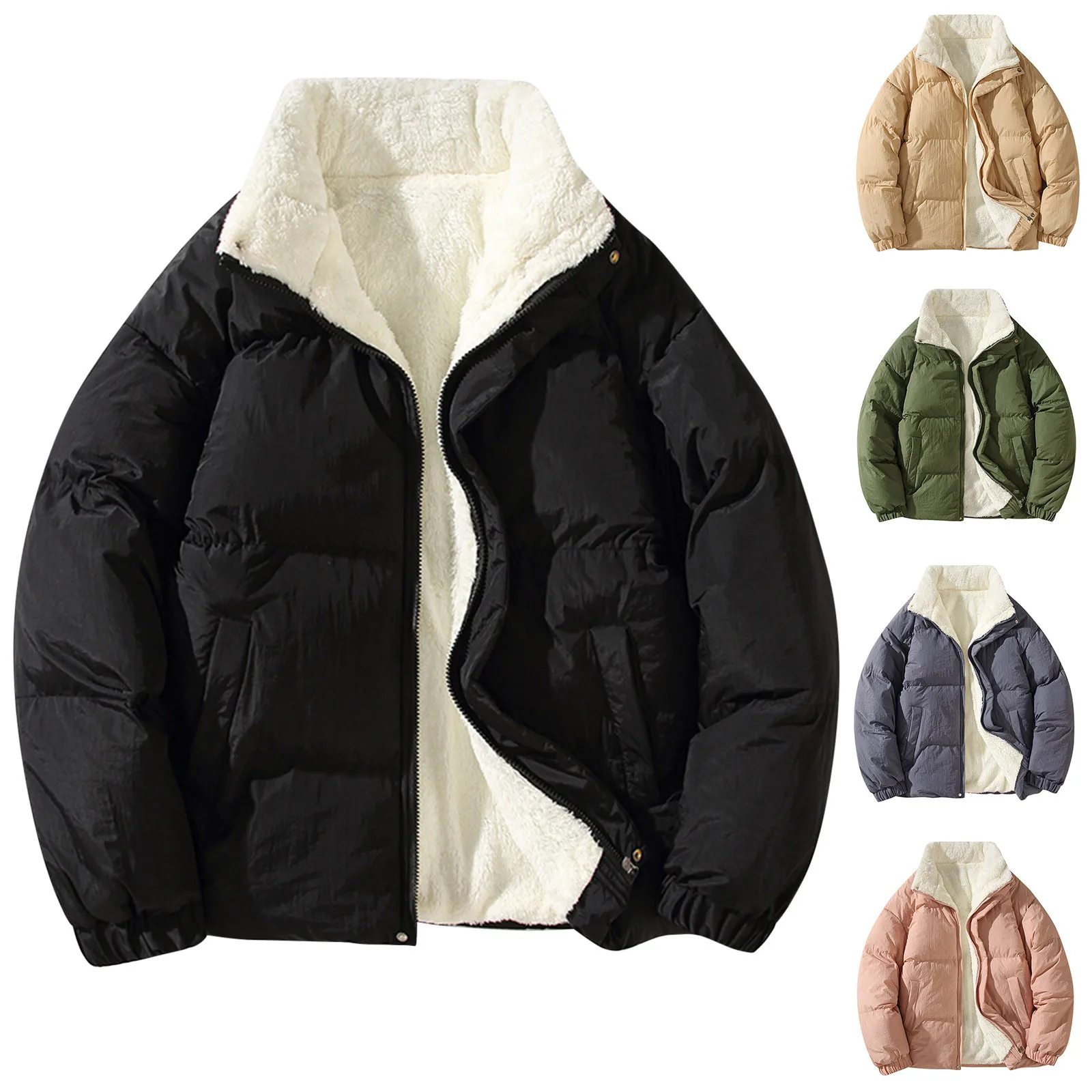 

Мужская зимняя однотонная куртка на молнии с карманами и воротником, плотная теплая хлопковая стеганая куртка, повседневная одежда, мужские бейсбольные куртки