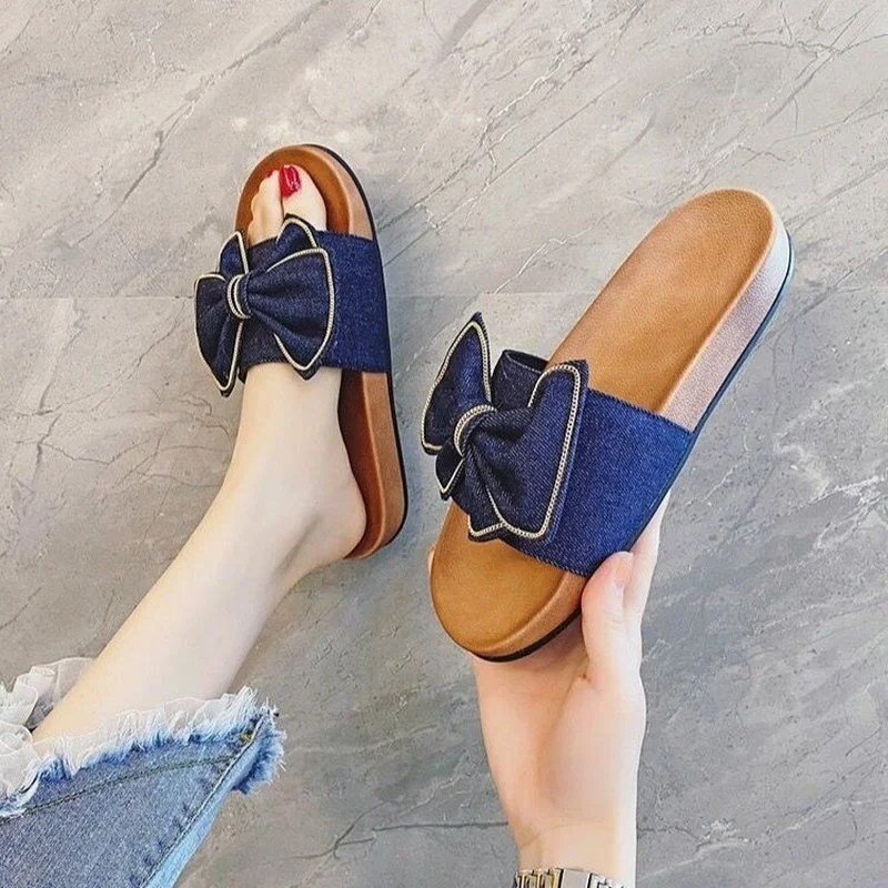 

Сандалии женские с бантом-бабочкой, пляжные шлепанцы, открытый носок, плоская подошва, мягкая подошва, летние тапочки, большие размеры, 2022