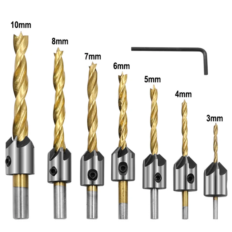

3-10mm HSS Countersink Drill Bit Round Shank Titanium Coating Carpentry Chamfer Boring Woodworking Tool With Hex L-wrench