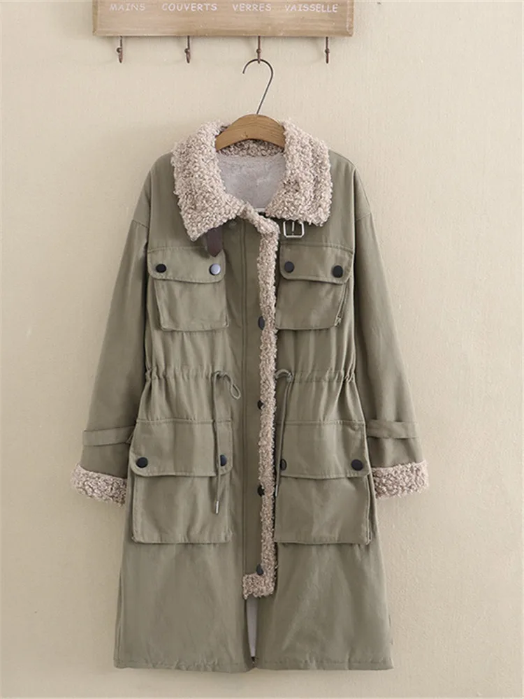 Plus Size Women's Clothing Long Sleeve Winter Jackets Lapel Faux Fleece Patch Pocket And Belt Decorate Coat High Quality Coat