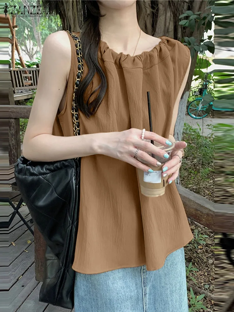

Летняя модная блузка ZANZEA без рукавов, женские повседневные однотонные майки, топы, элегантная Праздничная рубашка на шнуровке, блузки в Корейском стиле