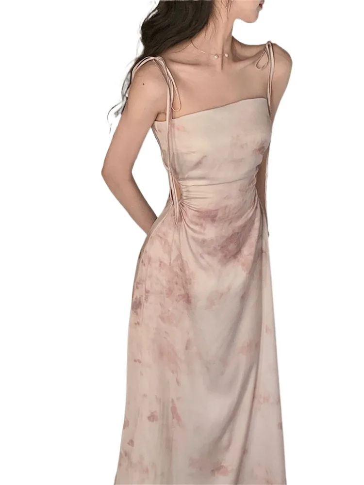 

Женское атласное платье с принтом, элегантное облегающее Привлекательное платье до колена на бретелях-спагетти с вырезами, модель 2023 года