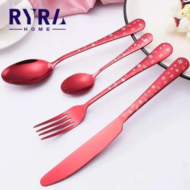 

Stainless Steel Christmas Party Table Royal Cutlery Set Red Cutlery Western Cutlery Christmas Knife Coffee Spoon Fruit Fork Gift