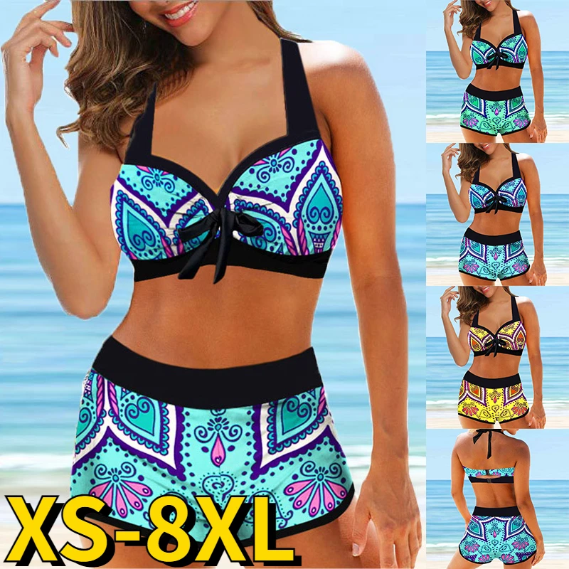 Women Sexy New Design Printing Swimsuit Loose Size Monokini Swimwear Bathing Suit Two Pieces Set Summer High Waist Beachwear