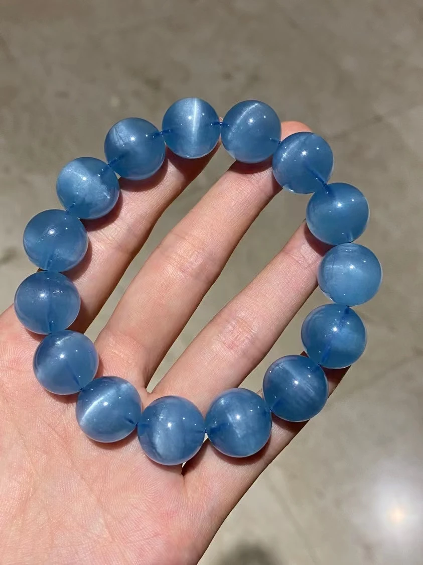 

Natural Blue Aquamarine Round Beads Cat Eye Bracelet Women Men Brazil Stretch 14.8MM Aquamarine Fashion Jewelry AAAAA