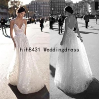 sexy backless wedding dresses a line halter deep v neck lace appliques sequins bridal gowns plus size wedding dress