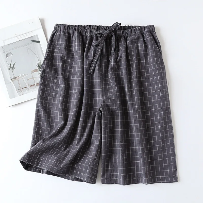 Summer Plaid Mens Sleep Bottoms Nightwear Loose Cotton Sleeping Pants With Pockets Men Leisure Knee-length Sleep Shorts Homewear