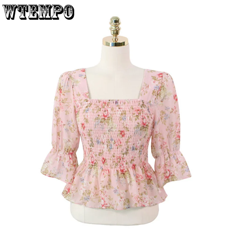 Women's Short-sleeved Shirt Summer Floral Printed Ruffled Sleeves Chiffon Short Top Sexy Square Collar Pleated Slim Fit Blouse