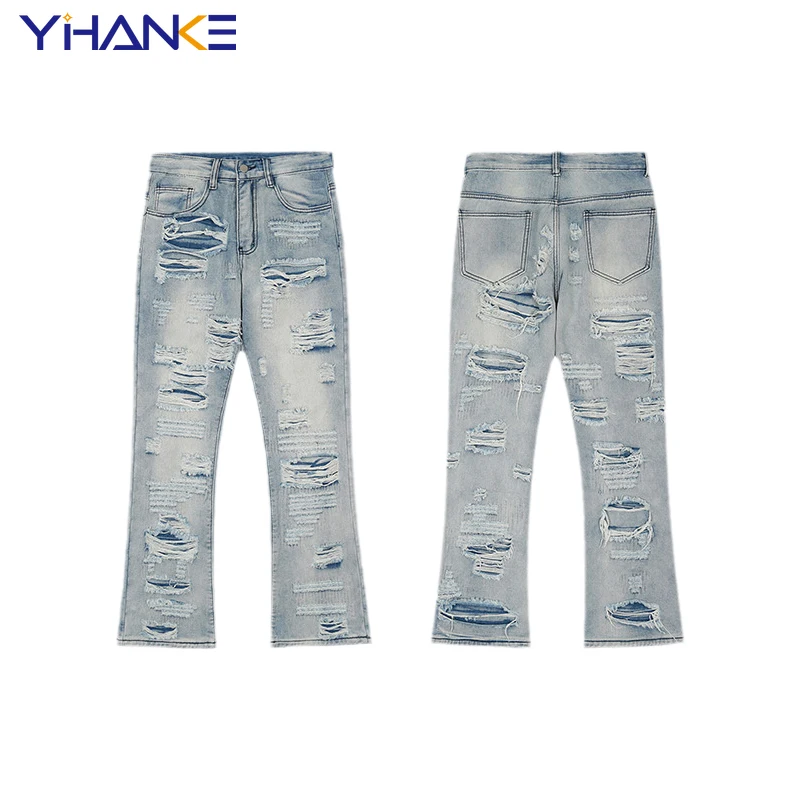 Fashionable Men's High Street Hip-hop Distressed Worn-out Loose Wide-leg Flared Jeans Skateboard Pants Streetwear Мужские джинсы