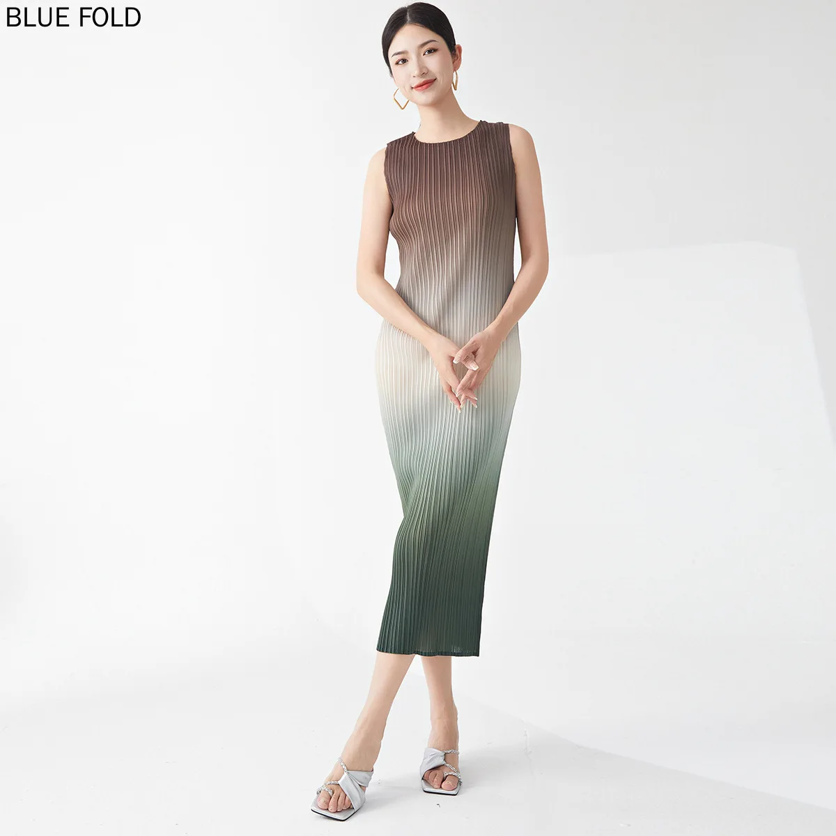 MIYAKE-Женское градиентное платье Высококачественный Темперамент без рукавов с