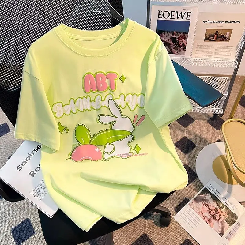 

Kawaii Rabbit Print T Shirts Women Harajuku Sweet Gir Tops Female Graphic Cotton Casual Kpop Tshirt Cute Tees Summer