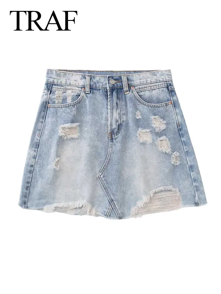 

TRAF New Fashion Women's Denim Skirt Asymmetrical Hole Design Pocket Zipper Slim Sexy Street Casual Daily Ladies Wear Summer