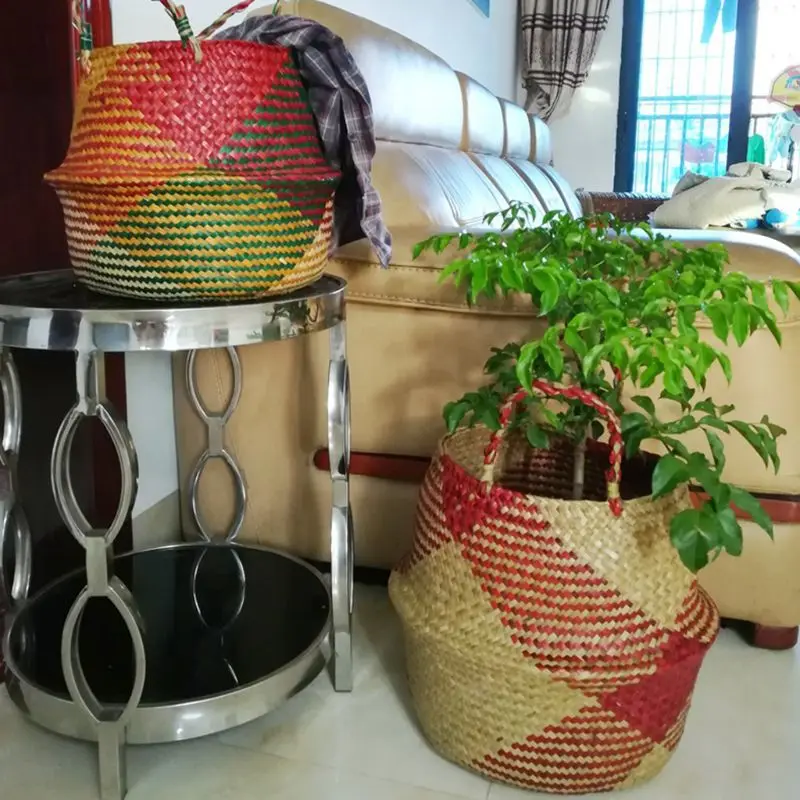 

D0AD Seagrass Belly Basket Rattan Folding Storage Plant Pot Handle Natural Sea Grass