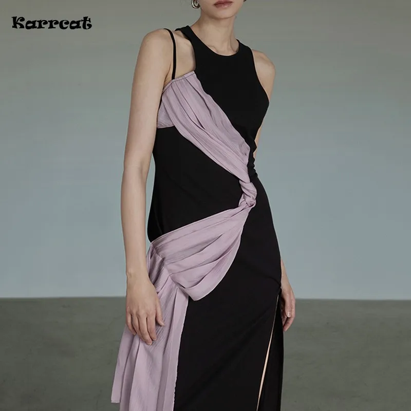 

Karrcat Vintage Patchwork Black Dress Ladies Elegant Party Dress Chic Designer Clothes French Style Prom Dresses Vestidos Summer