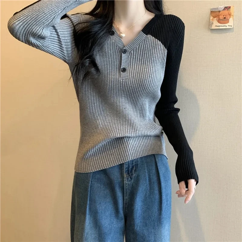 

Stylish Large Size Pullovers Women's Clothing 2023 Spring Autumn New Contrast V-Neck Knitted Slim Sweater Girls Jersey Top BC412