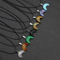 natural stone rose quartz agate horn crescent pendant necklace rope chain for jewelry making diy accessories gems charms gift1pc