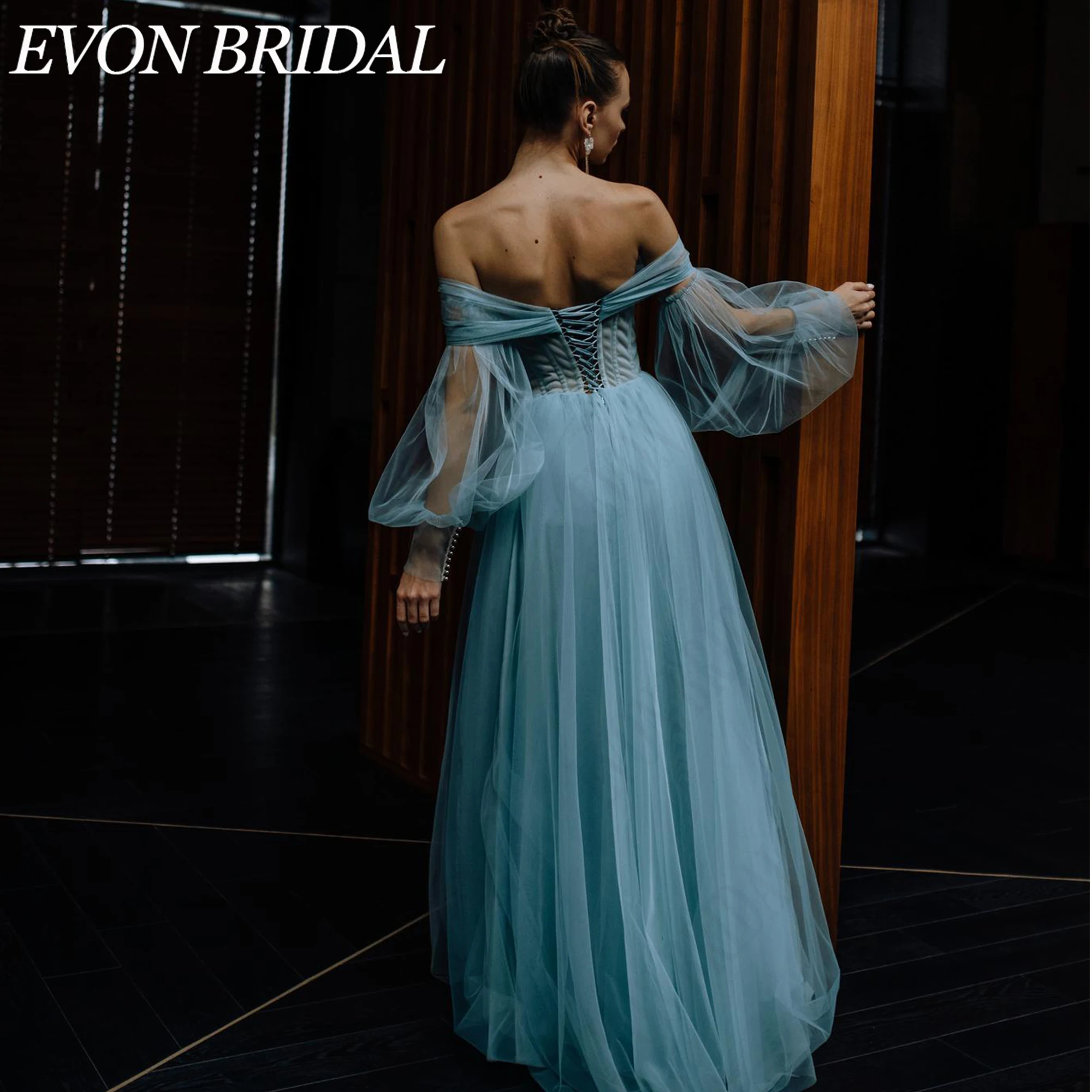 Фото EVON BRIDAL Элегантное вечернее платье открытые плечи из тюля корсет пышные рукава для гостя свадьбы на заказ легкая романтичная силуэт полупрозрачные слои и мягкие объемы нежная воздушная текстура создает уникальный №2