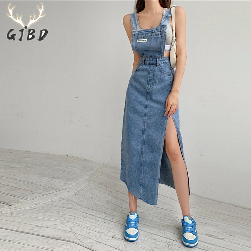Sleeveless Women Denim Suspender Dress Spring New Midi Skirt Blue Korean Fashion Polo Collar Streetwear Female Braces Slit Dress
