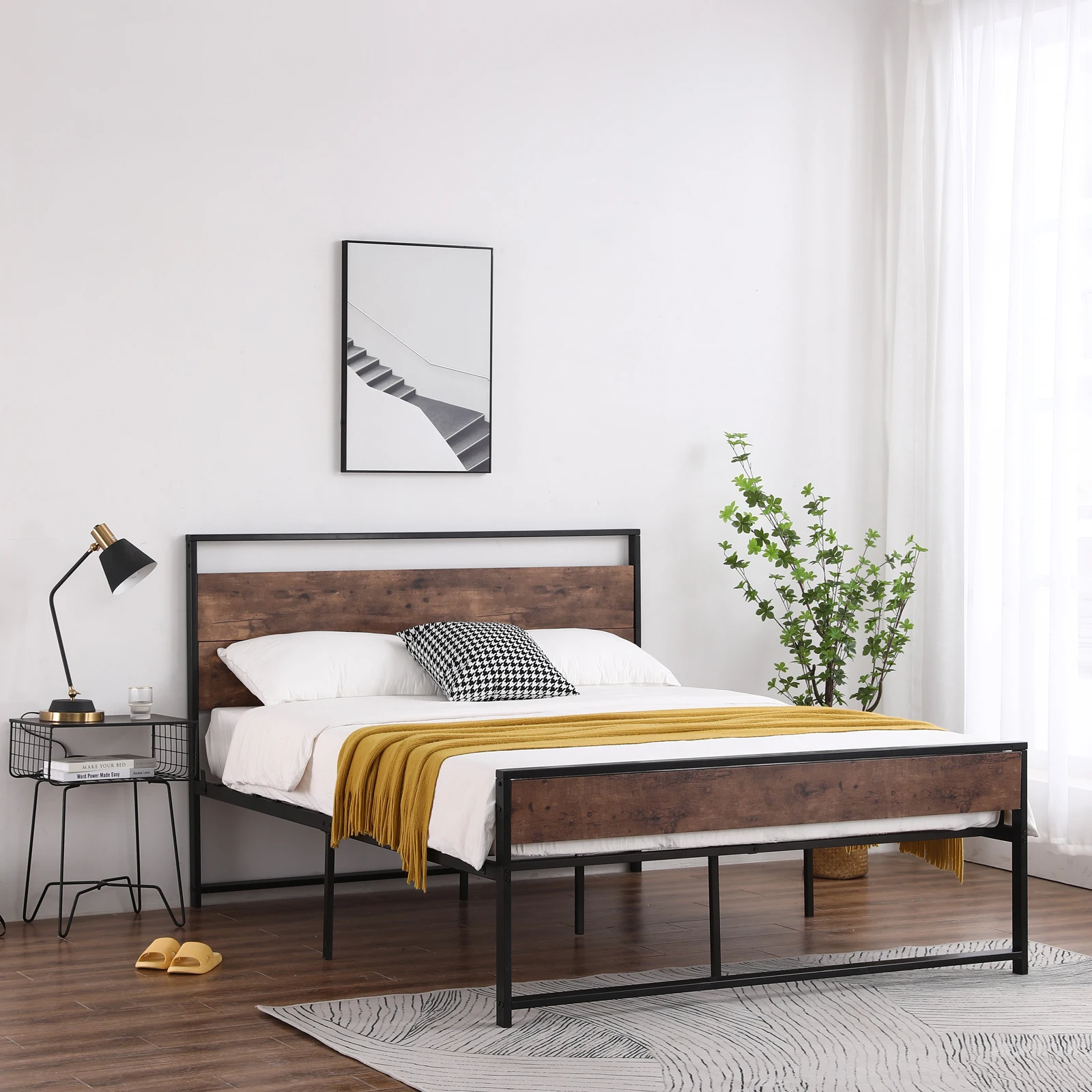 With Retro Brown Headboard&footboard Easy To Assemble[us-w]