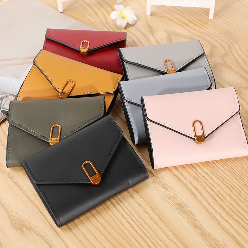 

2022 Fashion Women's Short Wallet PU Leather Solid Color Tri-fold Short Multi-card Wallet for Girls Mini Coin Pirse Female Purse